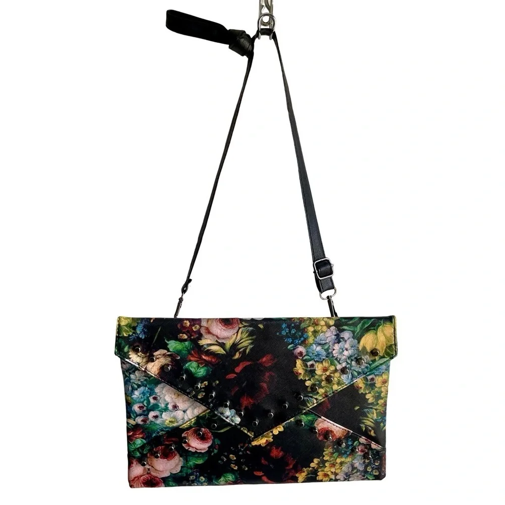 Floral Retro Faux Leather 13 inch Studded Envelope Clutch Detachable Strap